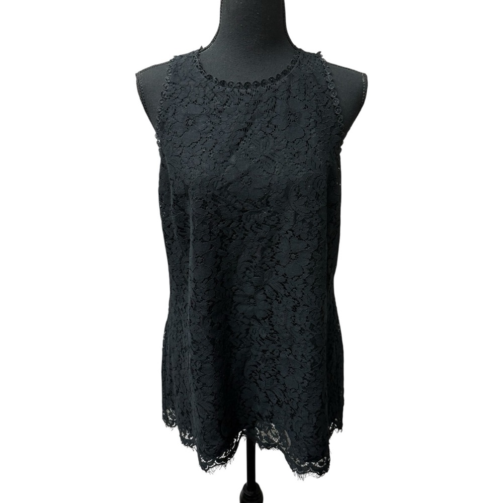 Cabi M Black Lace Sleeveless Tunic Blouse Scalloped Hem Chic